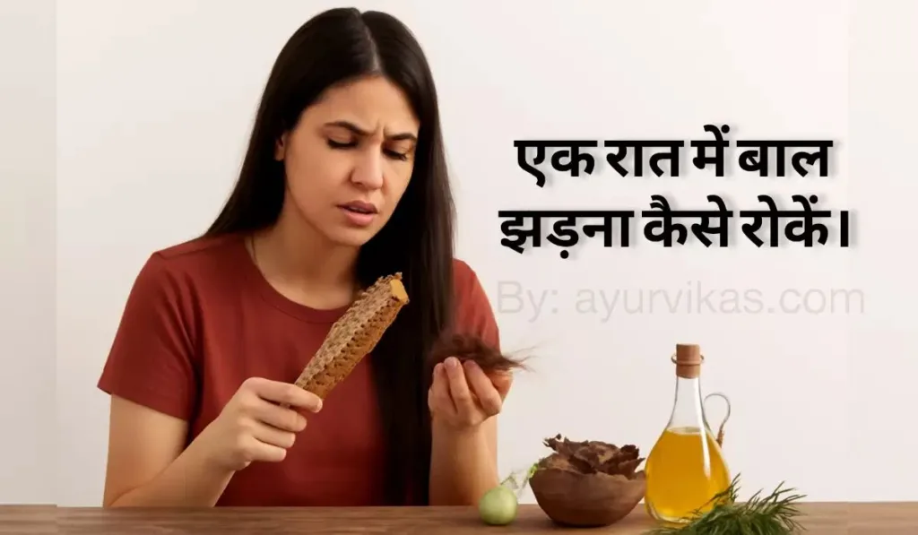 एक महिला अपने हाथ में झड़ते बालों को देख रही है, उसके चारों ओर आयुर्वेदिक सामग्री जैसे आंवला, शिकाकाई और रोज़मेरी तेल लकड़ी की सतह पर रखे हैं। यह चित्र प्राकृतिक उपचारों और स्वस्थ बालों के लिए आशा को दर्शाता है। यह चित्र बालों के झड़ने को रोकने और आयुर्वेदिक उपचारों के माध्यम से बालों की सेहत को बेहतर बनाने पर केंद्रित है।