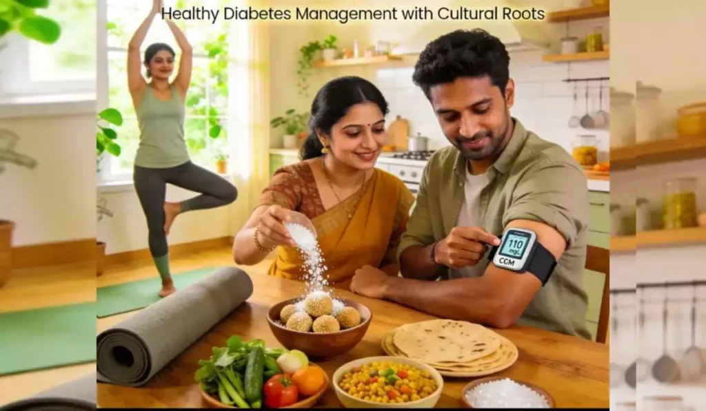 ब्लड शुगर 300 mg/dL होने की स्थिति को दर्शाता चित्र, जिसमें ग्लूकोमीटर पर हाई रीडिंग दिखाई दे रही है और साथ में स्वस्थ भारतीय भोजन व जीवनशैली से डायबिटीज नियंत्रण का संदेश दिया गया है