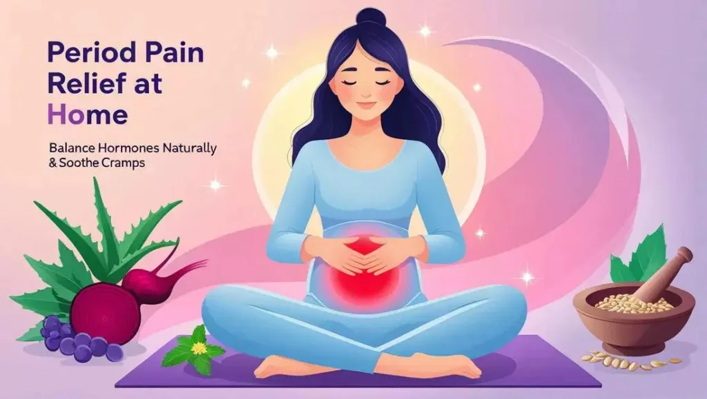पीरियड में पेट दर्द का घरेलू उपाय दर्शाता हुआ चित्र, जिसमें एक भारतीय महिला पेट के निचले हिस्से में दर्द के दौरान गर्म पानी की थैली का उपयोग कर रही है, पास में अदरक, अजवाइन और आयुर्वेदिक घरेलू सामग्री रखी हुई है, जो पीरियड दर्द से प्राकृतिक राहत का संकेत देती है।