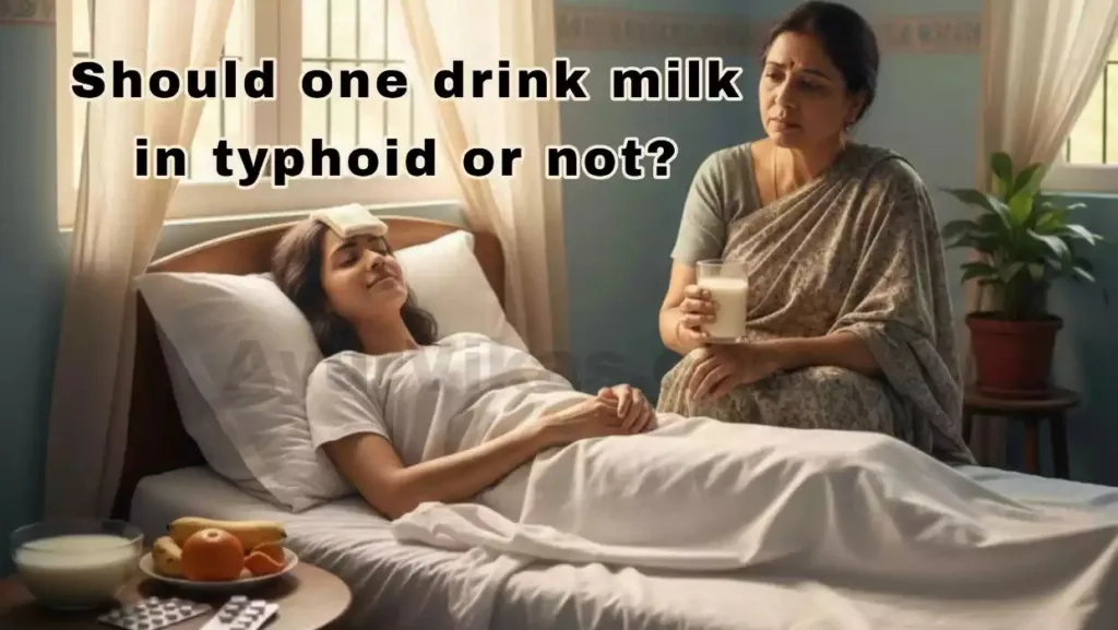 टाइफाइड बुखार से ग्रसित मरीज उबला हुआ दूध पीने से पहले सोचता हुआ, सही डाइट और पाचन स्वास्थ्य को दर्शाता हुआ चित्र।