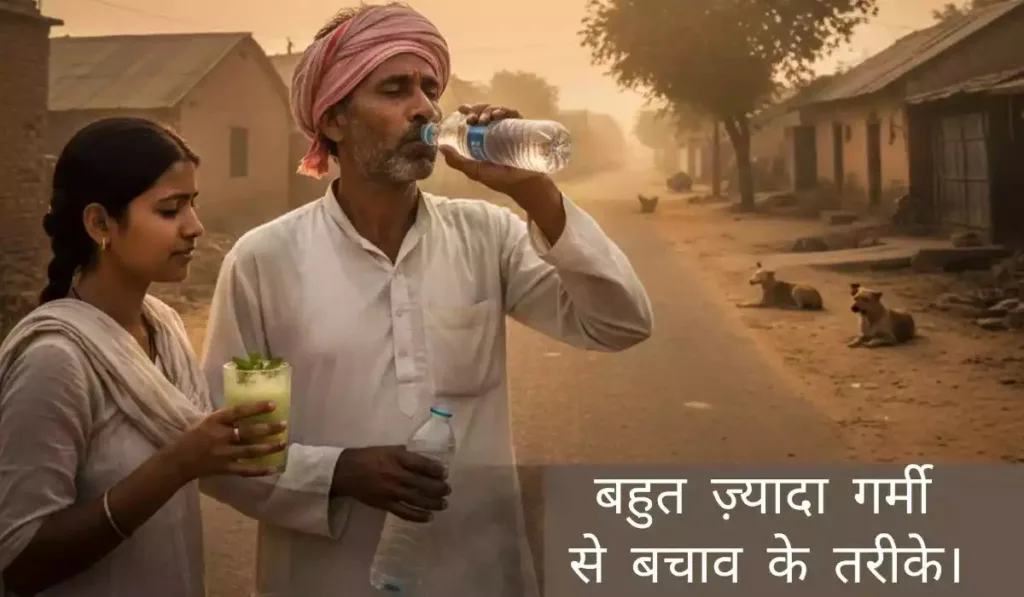 एक भारतीय व्यक्ति चिलचिलाती धूप में सिर पर सफेद सूती साफा बांधे हुए और पानी की बोतल के साथ, पृष्ठभूमि में सूरज की तेज रोशनी और गर्मी की लहरें (Heat Wave), 'बहुत ज़्यादा गर्मी की चेतावनियां और सुरक्षा के उपाय' को दर्शाते हुए एक सूचनात्मक चित्र।